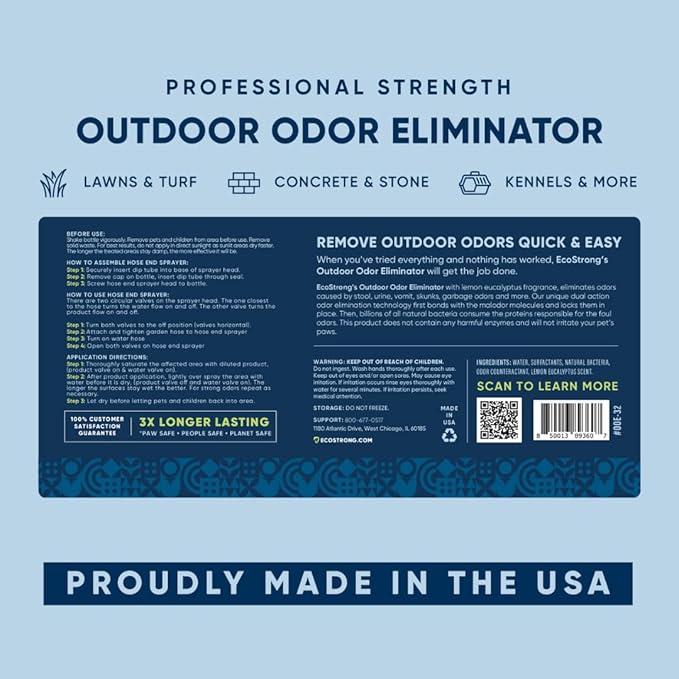 Outdoor Odor Eliminator | Outside Dog Urine Enzyme Cleaner – Powerful Pet, Cat, Animal Scent Deodorizer | Professional Strength for Yard, Turf, Kennels, Patios, Decks (32oz)