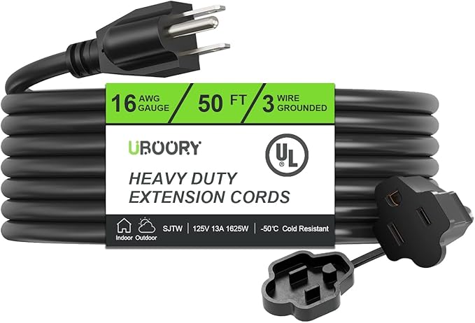 Outdoor Extension Cord Waterproof 50 FT, Black 16/3 SJTW Heavy Duty, Flexible 100% Copper 3 Prong Extension Cord for Lawn, Garage,UL Listed