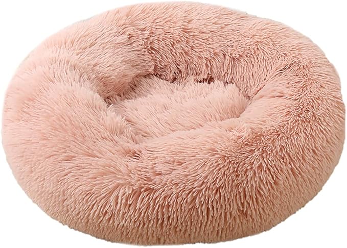 Calming Faux Fur Dog Beds Calming Donut Cuddler Dog Bed Washable Round Cat Bed Pillow Cuddler Fluffy Indoor Dog Calming Beds with Anti Slip Bottom Solid Color Peach Pink 35 Inch
