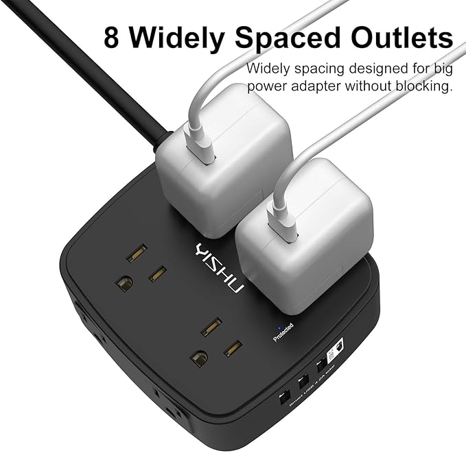 6 Ft Surge Protector Power Strip - 8 Widely Outlets with 4 USB Ports, 3 Side Outlet Extender with 6 Feet Extension Cord, Flat Plug, Wall Mount, Desk USB Charging Station, ETL,Black