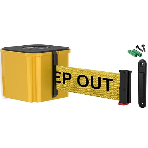 WM412 Retractable Belt Wall Mounted Yellow Crowd Control Barrier and Receiving End, 20' Danger Keep Out Belt