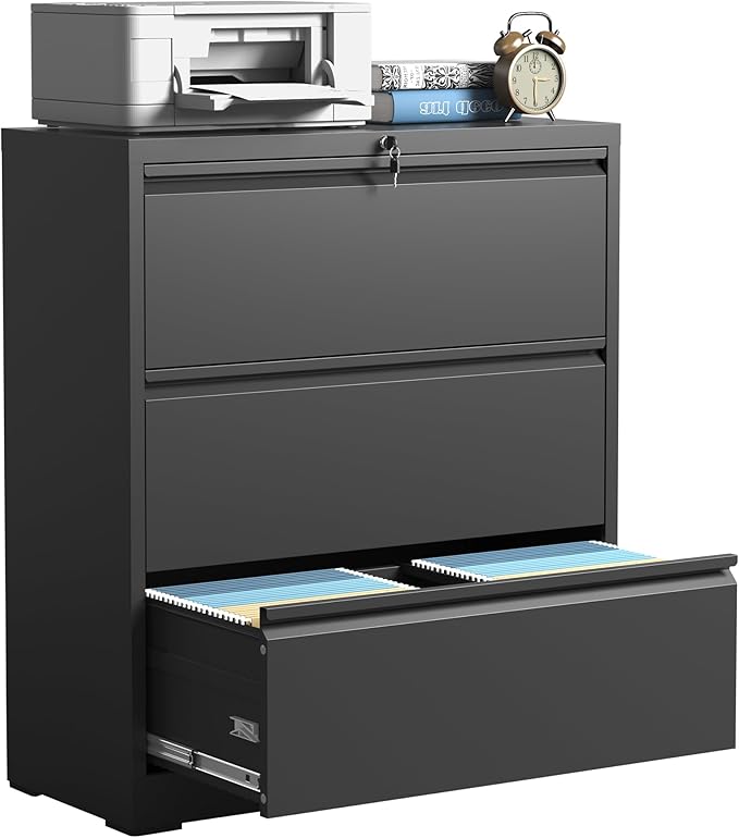 3 Drawer Lateral File Cabinets with Lock,Black Metal Lateral Filing Cabinet for Home Office,Wide Steel Storage Cabinet Commercial Drawer Cabinets for Legal/Letter/A4 Size Files Assembly Required