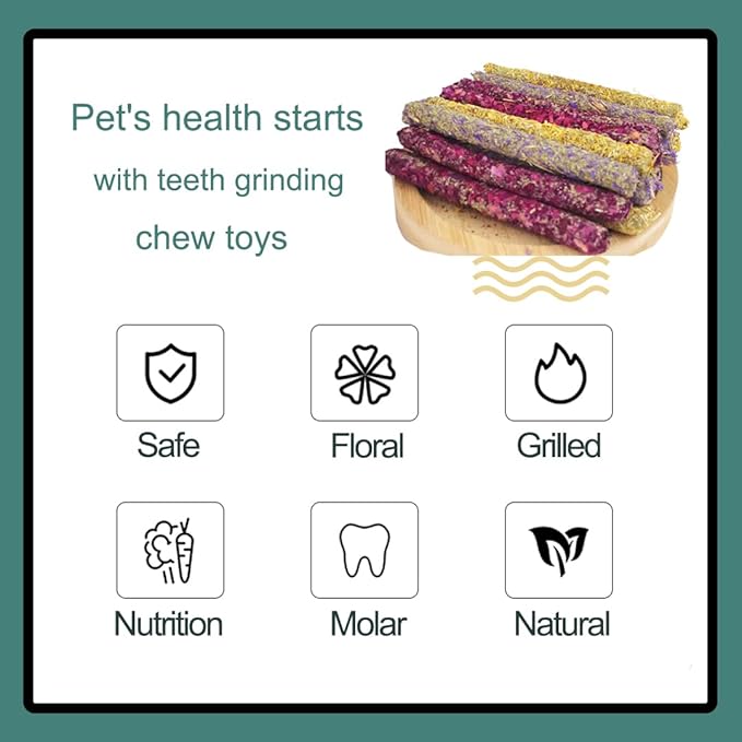 Abizoo 16 Packs Bunny Flower Chew Toys, Natural Rabbit Sticks + Herbal Floral Scent Timothy Hay Treats for Guinea Pig Chinchilla Hamster Rat Degus Gerbil Food Molar Cage Accessories Snack