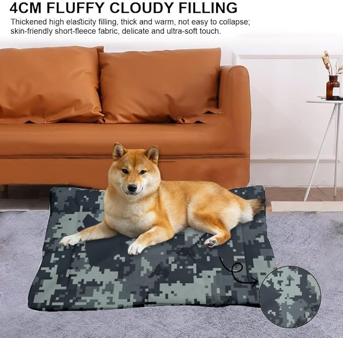 Grayscale Pixelated Camouflage Fuzzy Dog Bed Washable Dog Crate Mat Create Pad Crate Liner Pad Washable Non-Slip Small Bed Medium Tear-Resistant Mat for Cushions Indoor Outdoor 36X24 Inch