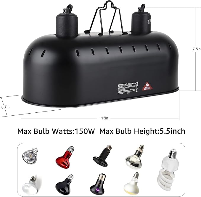 DXOPHIEX 15inch Dual Reptile Light Fixture, Max 150W Dual Reptile Heat Lamp Fixture with 100W Basking Spot Lamp Bulb and 26W UVB Heat Bulb for Bearded Dragon Terrarium and Tortoise Habitat