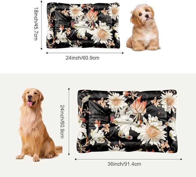 Night White Floral Washable Dog Beds Medium Sized Dog Crate Mattress Pad Kennel Pad Crate Cushion Washable Non-Slip Beds for Small Dogs Bed Mat Paw Cushion Indoor Outdoor 24X18 Inch