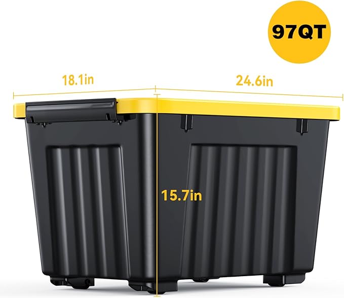 Nazhura 97 Quart Plastic Storage Bin, Stackable and Nestable Storage Boxes with Yellow Lids and Secure Latching Buckles, Large Storage Container (Black/Yellow, 97Quart-4Pack)