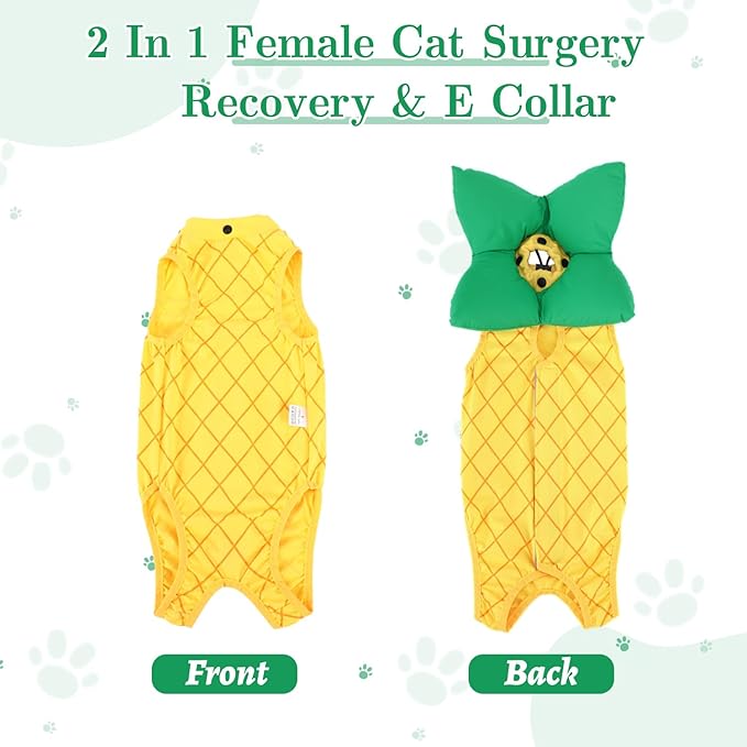 EMUST Cat Recovery Suit and Cat Cone Collar Set, Soft kittens Onesie for Cats After Surgery Female, Cute Kitten Surgery Recovery Suit Female, Cone of Shame Alternative for Kittens Under 4lb, Yellow, S