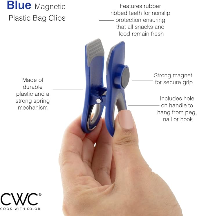 COOK WITH COLOR Bag Clips - Heavy Duty Chip Clip and Refrigerator Magnet Clips for Food Storage with Air Tight Seal Grip, Blue, Pack of 8
