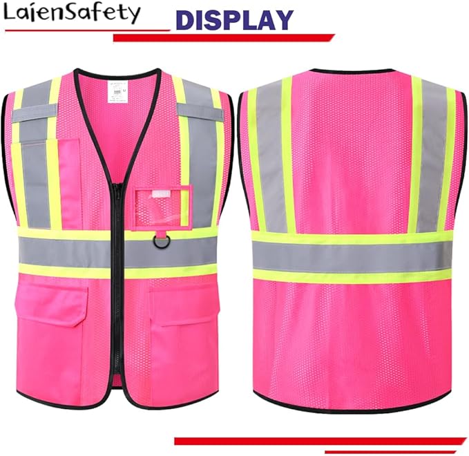 Safety Vest for Men Women Reflective with Multiple Pockets Mesh High Visibility Construction Work Vest,Meets ANSI/ISEA Standards(EK1-178-Pink-3XL)