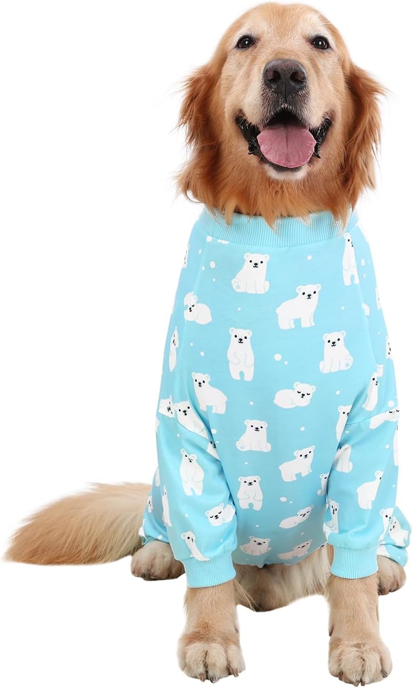 HDE Dog Pajamas One Piece Jammies Jumpsuit Pet Clothes Outfit Stretchy Lightweight Comfy Shirt Pjs for M-3XL Dogs Sleepy Polar Bears - XL