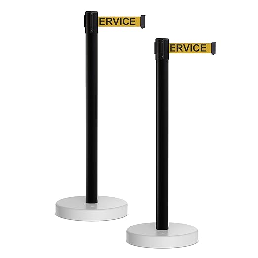 Crowd Control Warehouse CCW Set of 2 Retractable Belt Barrier Stanchion, Water Fillable Base MSH630 (11 Foot Belt, Yellow"Out of Service" Black Letters with Black PVC Plastic Post)