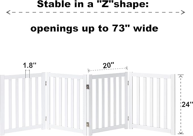 LZRS 4-Panel Wooden Free Standing Foldable Dog Gate Indoor – 24" High, Extra Wide Step-Over Safety Pet Gate for Doorways, Stairs, Hallways, Large Spaces & Playpen for Puppies Indoor Use, White