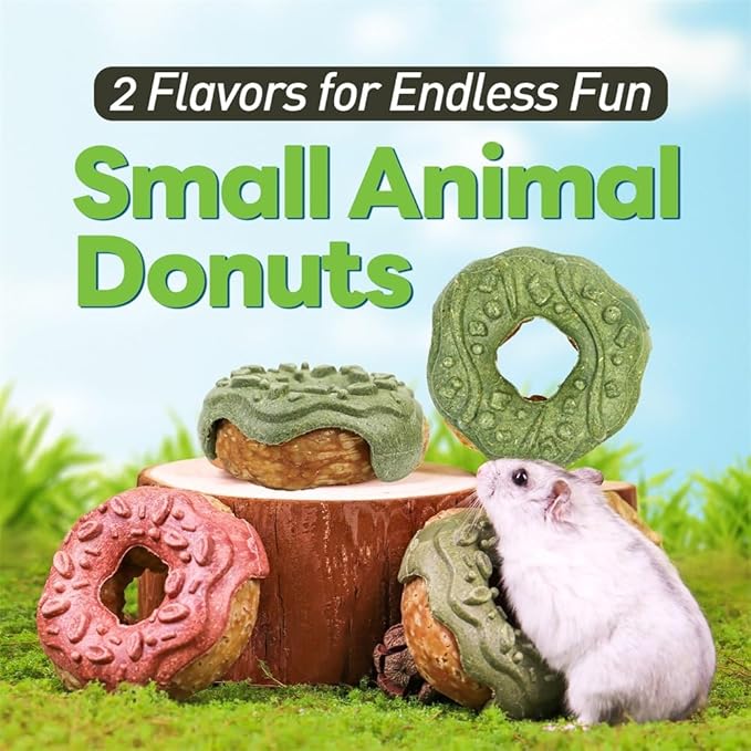 TEEWY Donut Guinea Pig Toys, Natural Vegetables, Fruits and Timothy, Hamster Chew Toys for Teeth, Gerbil Toys, Small Animal Chew Toys for Guinea Pig, Hamster, Chinchilla and Rat, 2PCS