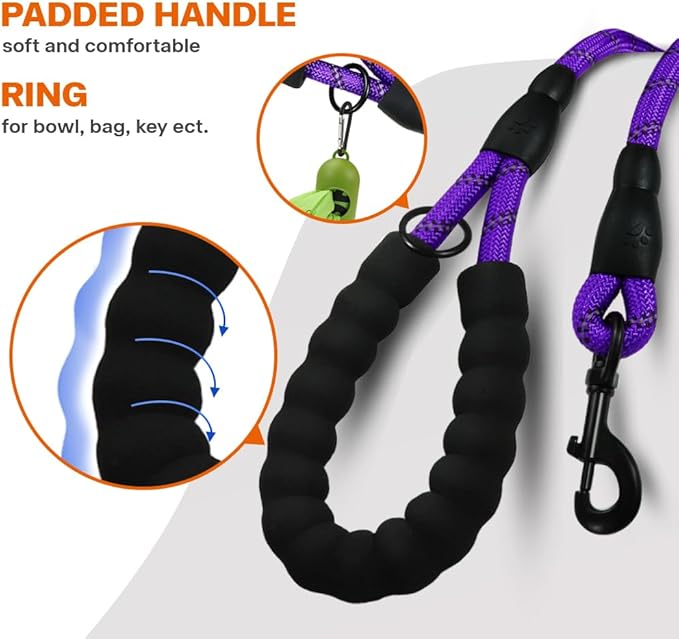 Taglory Rope Dog Leash 4 FT with Comfortable Padded Handle, Highly Reflective Threads Leash and Anti-Tangle Clip for Walking Small Dogs, 3/8 inch, Purple