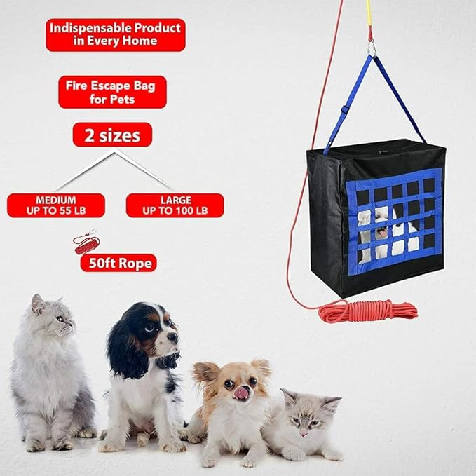 Pet Fire Rescue Bag Large up to 90 pounds - Pet Evacuation Kit - Emergency Pet Carrier - Fire Survival Tool for Dogs, Cats - Large Dog Backpack - 50ft Rope Included - Life-Saving & Compact