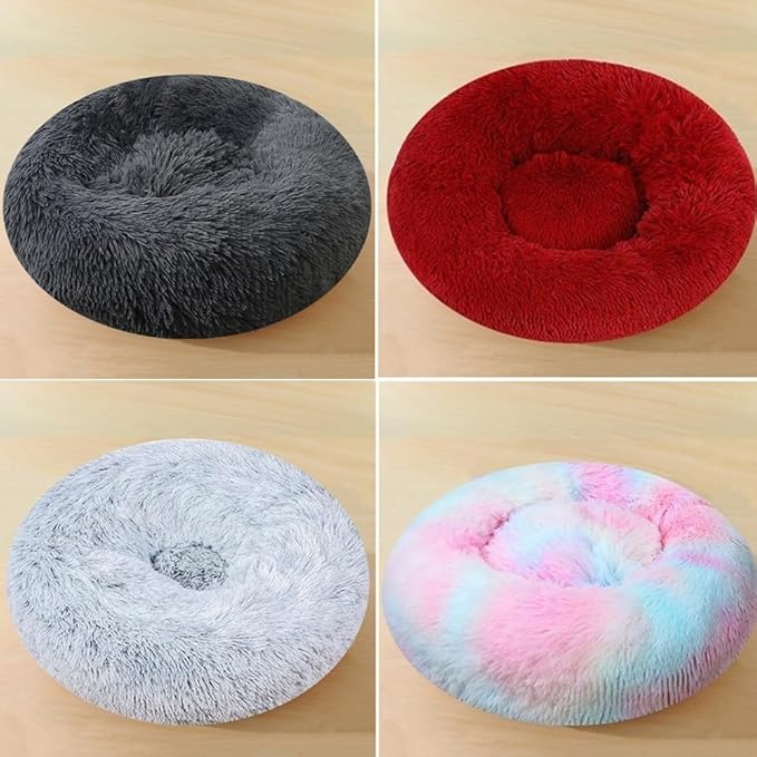 Calming Dog & Cat Bed, 24 Inch Anti-Anxiety Donut Cuddler Cat Bed with Anti-Slip Bottom, Washable Round Fluffy Pet Bed for Small Medium Dogs and Cats (Light Grey)