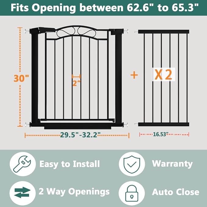 Fairy Baby 62.6"-65.3" Extra Wide Baby Gate with Door, 63 64 65 Inches Walk THR Baby Gates for Stairs Pressure Mounted no Drill, Indoor Tension Metal Child Pet Dog Safety Gate for Kids, Black