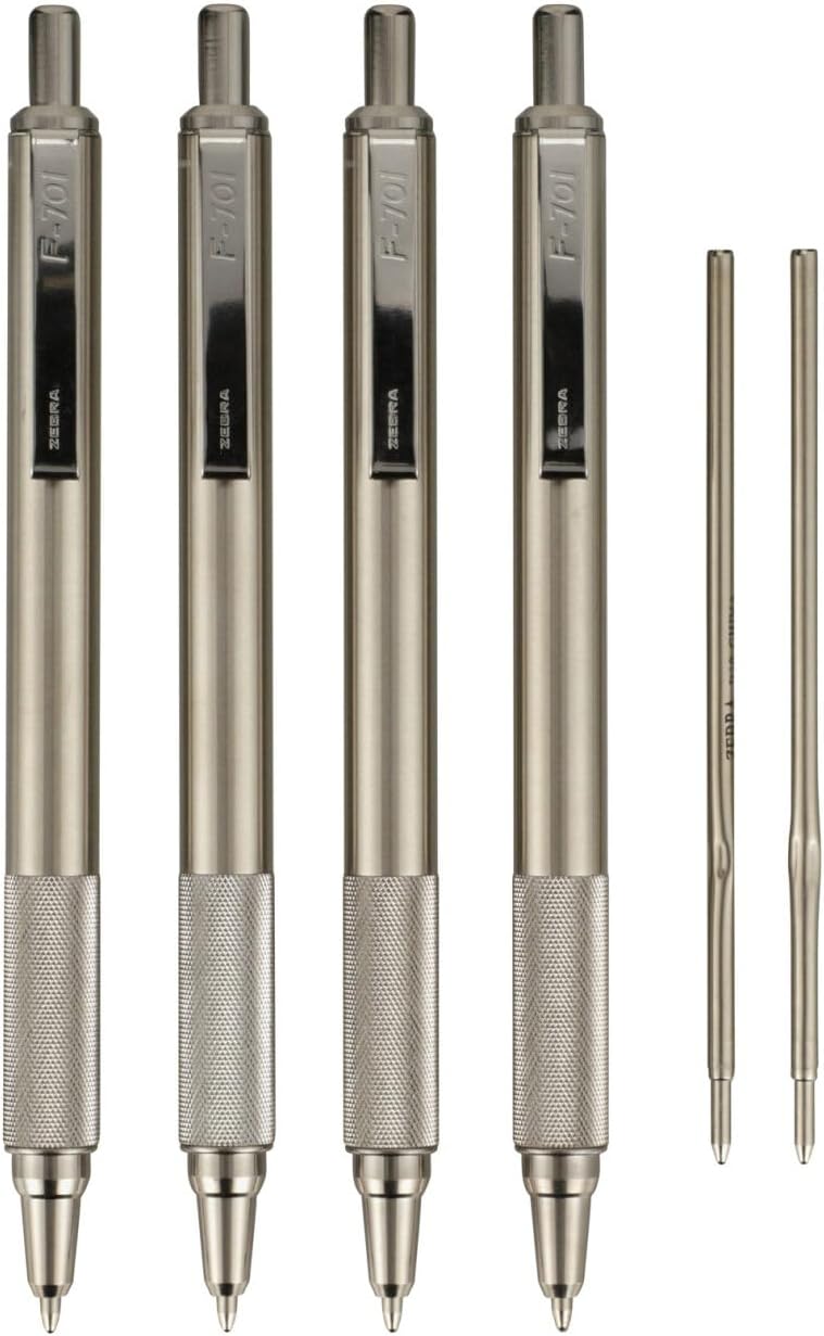 Zebra Pen STEEL F-701 Retractable Ballpoint Pen, Black Ink, 0.8mm, 4-Pack