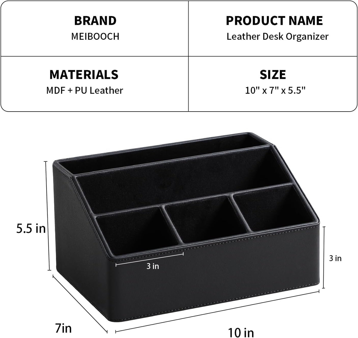 PU Leather Desk Organizer, Remote Control Holder (Black)