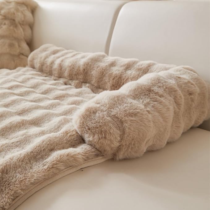 Calming Dog Bed Mat, Fluffy Fuzzy Couch Cover for Sofa, Winter Thickened Pet Mat with Anti-Slip Bottom Warm Soft Cushion Washable Pet Bed for Small Dogs and Cats (Khaki, 75x75cm/29.5x29.5in)