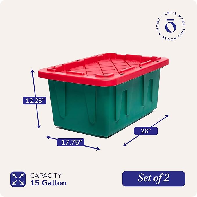 HOMZ 2-Pack Durabilt, Heavy Duty Plastic Storage Bins with Lids, 15 Gallon, Green/Red - Stackable Container Boxes for Holiday, Attic, and Garage Organization