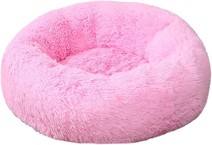 Calming Faux Fur Dog Beds Calming Donut Cuddler Dog Bed Washable Round Cat Bed Pillow Cuddler Fluffy Indoor Dog Calming Beds with Anti Slip Bottom Solid Color Pink 21 Inch