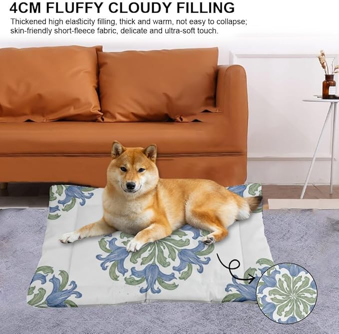 Vintage Blue Green Floral Dog Car Bed Crate Mats for Dog Cages Pet Crate Pad Accessories Washable Non-Slip Pet Bed for Easy to Wash Mat Needs Home Indoor Outdoor 24X18 Inch