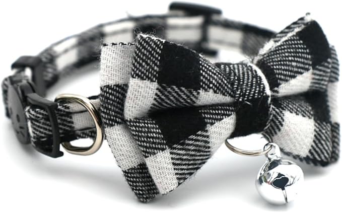 White Plaid Dog Bow Collar with Bell, Breakaway Cat Collar Bell with Bowtie Christmas Puppy Collars for XXS Xs Small Tiny Little Pet Dogs Boy Girl Kitten, for Hoilday Birthday Party