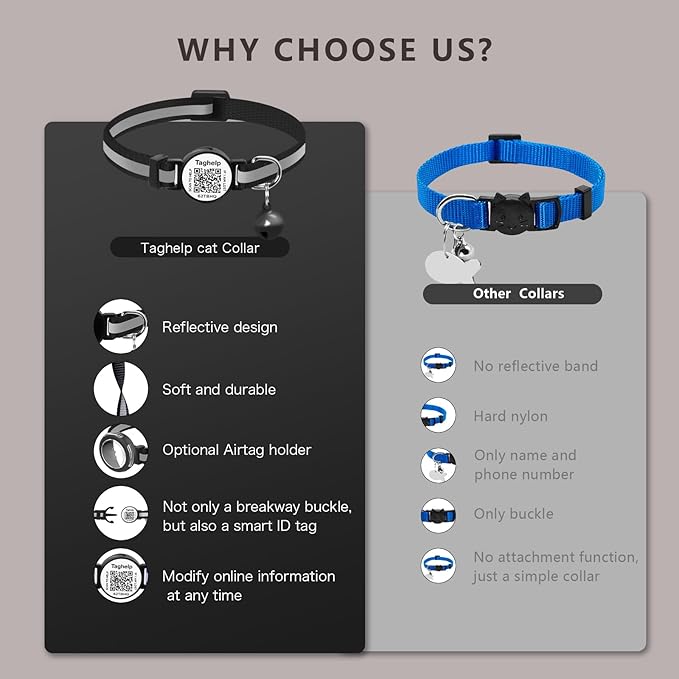2 Pack QR Code Cat Collar for Lost Cat Recovery, Breakaway Reflective Collar with Bell & Instant Online ID, Adjustable 7.5-12.5 Inch for Peace of Mind (Black & Rose Red)