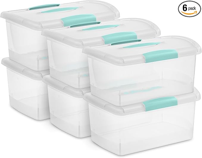 Sterilite 6 Pack Stackable Storage Bin with Latch Lid, Medium Nesting ShowOffs, Clear