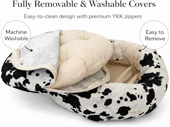 Organic Cotton Canvas Dog Bed: Removable Cover, Natural Fill - Made in USA (Cow Print Black White, X Small 18" x 6" inches)