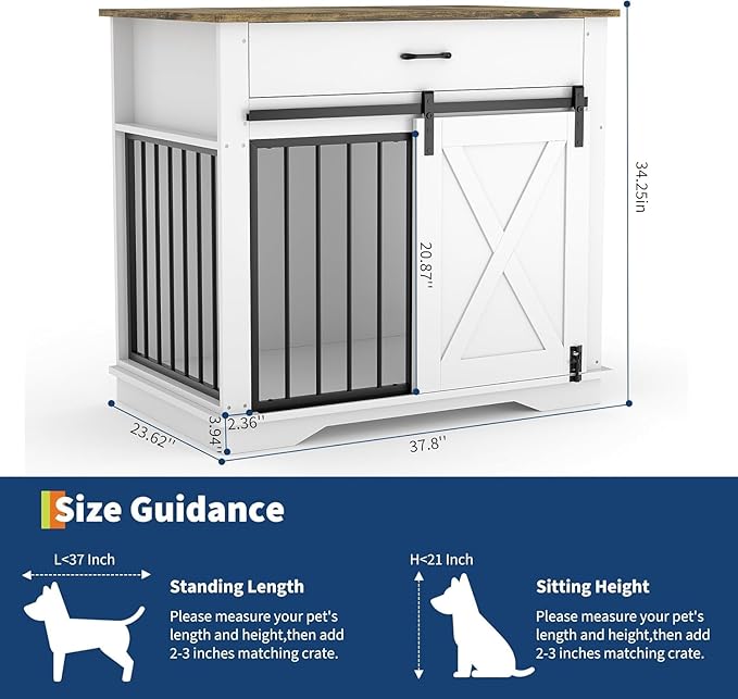 37 Inch Dog Crate Furniture with Double Doors, Modern Farmhouse Indoor Kennel for Small to Medium Dogs, Dual Drawer Storage Table, Media Console TV Stand and Sideboard