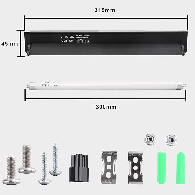Aiicioo T5 UVB Lighting Combo Kit 8W - Reptile Light Fixture and T5 5.0 UVB Light Bulb for Bearded Dragon Leopard Gecko (12Inch 8W)
