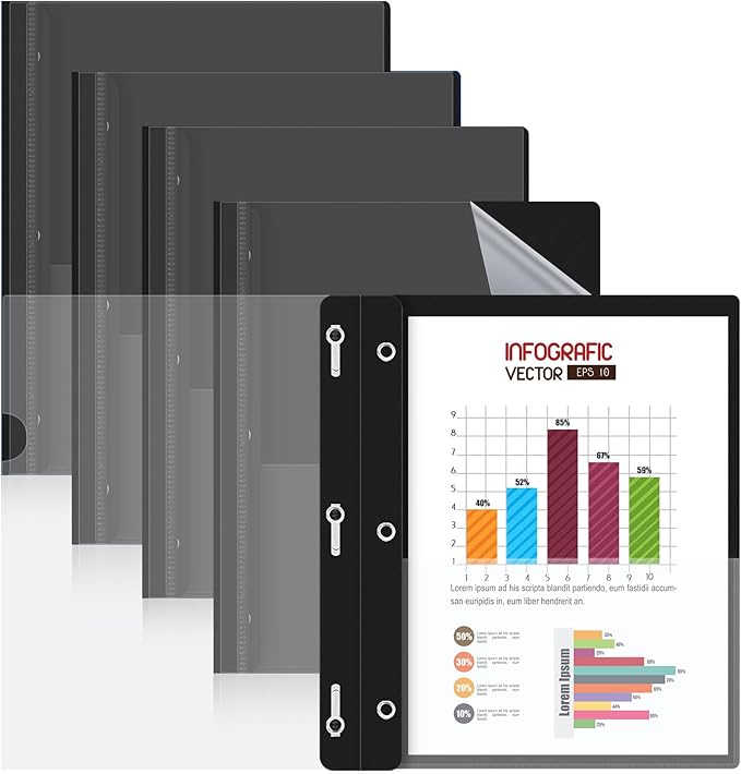 HAUTOCO 5 Pack Plastic Report Covers with 3 Prongs Fasteners Clear Front Resume Portfolio Folder for 8.5x11 Letter Size Paper, Presentation Document Report Cover for School Office Business, Black