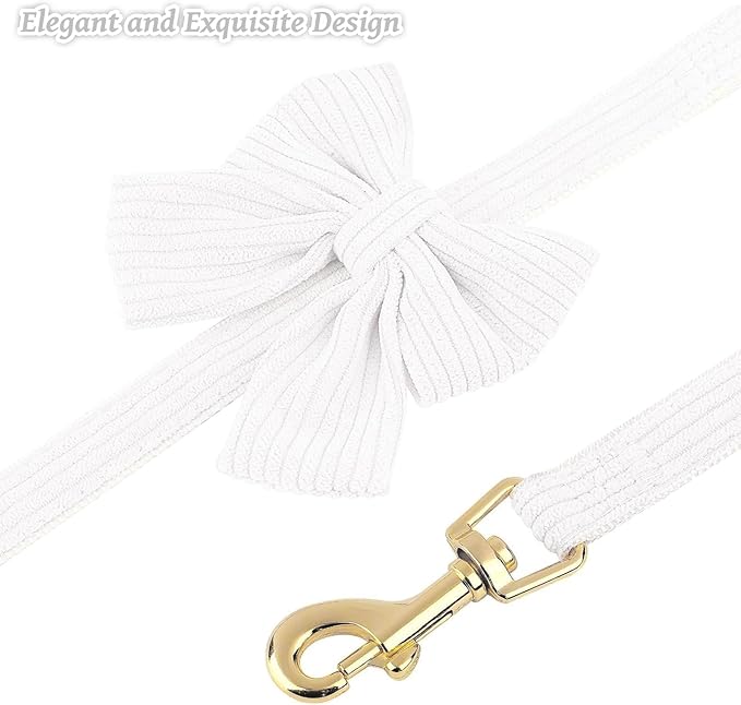 Dog Collar and Leash Set with Bowtie, Girl Dog Collars Metal Buckle Adjustable for Small Medium Dogs (White, M: Neck 13"-22" Leash 5 FT)