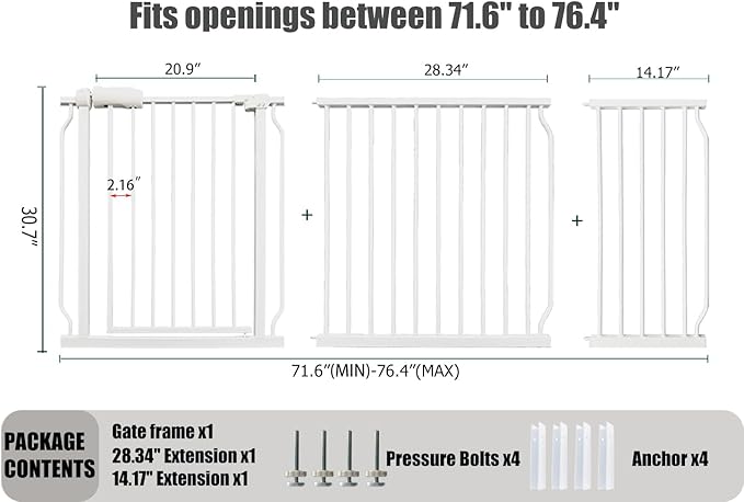 Extra Wide Baby Gates - 71.6-76.4 Inch, Heavy Duty Baby & Pet Safety Gate, White Metal, Tension Mounted Child & Pet Gates for Stairs & Doorways