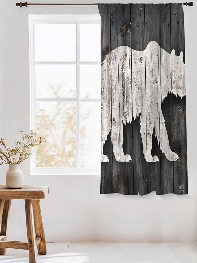 Sheer Curtains 63 Inch Length, Farmhouse Country Rustic Wooden Grain Privacy