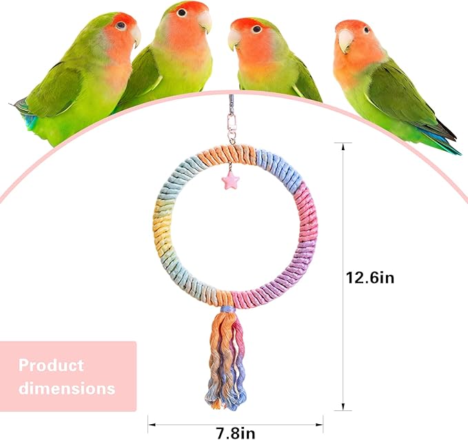 Bird Swing,Gradient Colorful Cotton Rope Bird Swing Cage Hanging Toys,Bird Cage Climbing Rope Toys Accessories,for Cockatiel Conure Cockatoo Parakeet Cage Hanging Decor(Round,Diameter:7.9")