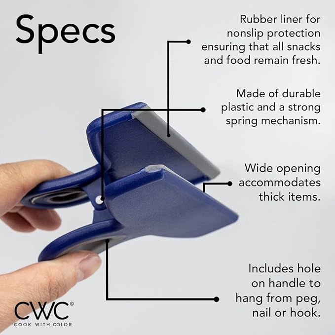 COOK WITH COLOR Bag Clips - Heavy Duty Chip Clip and Refrigerator Magnet Clips for Food Storage with Air Tight Seal Grip, Blue, Pack of 4 Large Clips