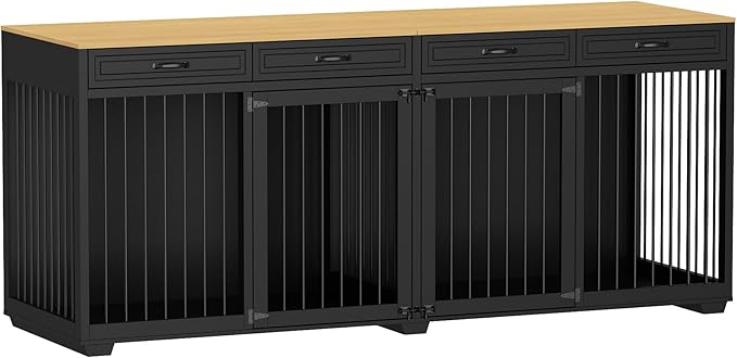 Extra Large Dog Crate Furniture, 93 Inch Heavy Duty Wooden Dog Kennel with Drawers & Removable Divider, Indoor Furniture Style Luxury Double Rooms Dog House for XL Large Dogs, Black