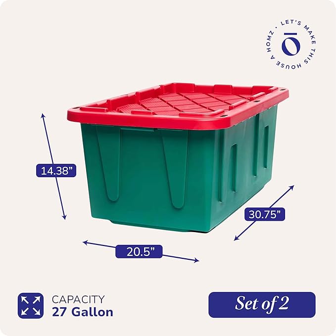 HOMZ 2-Pack Durabilt, Heavy Duty Plastic Storage Bins with Lids, 27 Gallon, Green/Red - Stackable Container Boxes for Holiday, Attic, and Garage Organization