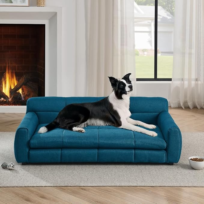 51" Soft and Comfortable Pet Bed for Large and Oversized Dogs, Durable Elevated Dog Sofa with Armrest and Backrest, Modern Linen Fabric Dog Couch, Dark Blue