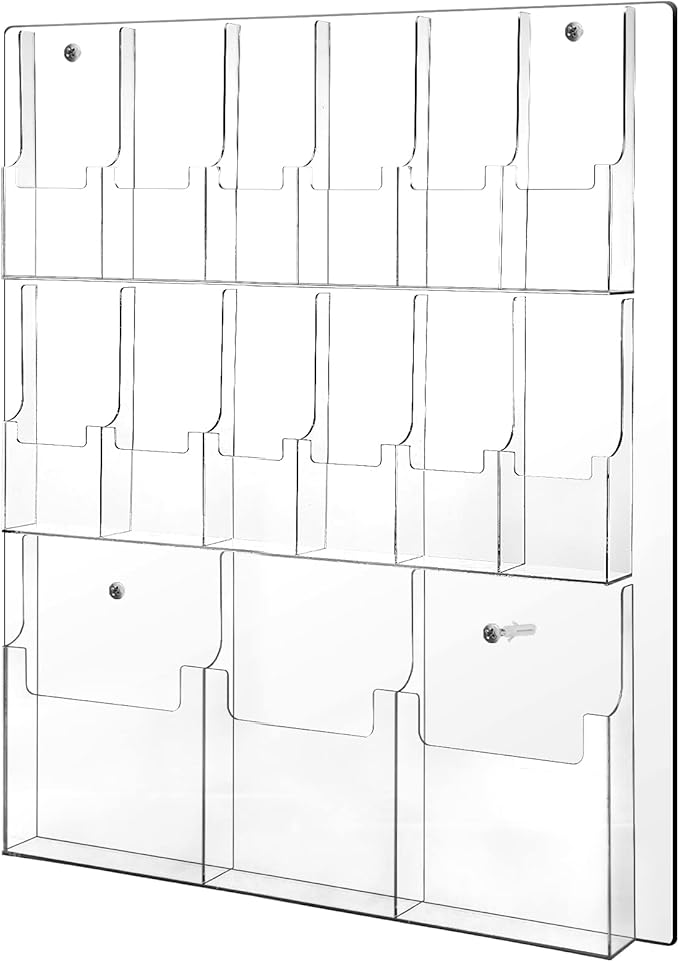 Weysat Acrylic Brochure Holder Wall Mount, Clear Plastic Pamphlet Holder Magazine Display Trifold Flyer Rack Hanging Literature Storage Organizer(3 Magazine Pockets, 12 Pamphlet Pockets)