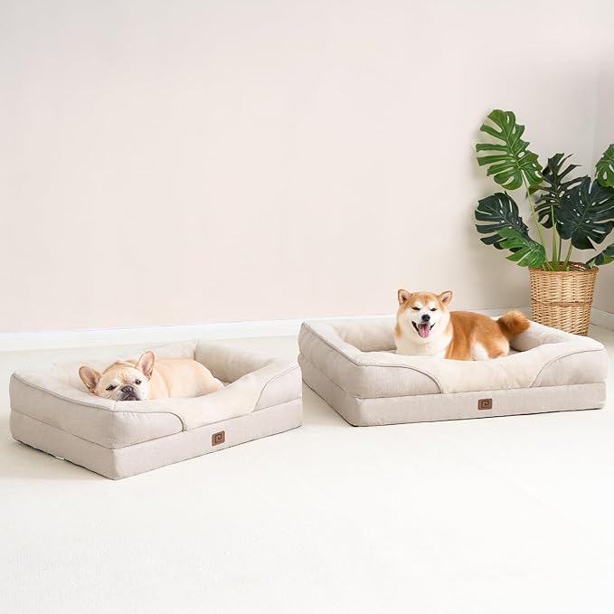 EHEYCIGA Orthopedic Dog Bed for Large Sized Dog, 36x27x7 Inch Large Memory Foam Dog Couch Bed with Sides, Waterproof Liner & Washable Removable Cover, Bolster Pet Sofa, Beige