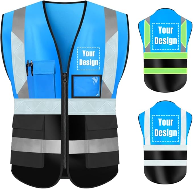 YOWESHOP High Visibility Safety Vest Custom Your Logo Protective Workwear 5 Pockets With Reflective Strips Outdoor Work Vest (XL, Blue Black Luminous)
