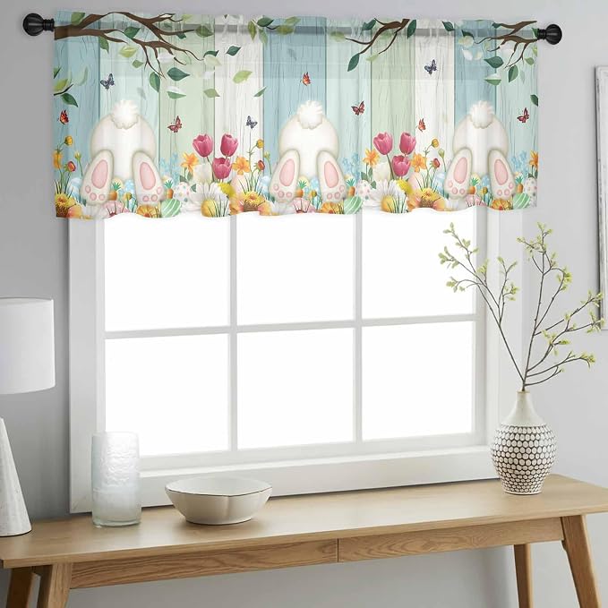 Easter Sheer Valances for Windows 42"x18", Light Filtering Kitchen Curtains
