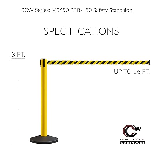 Crowd Control Warehouse CCW Series RBB-150 - Set of 2 Stanchion Retractable Belt Barriers - 16 Foot, Black & Yellow Diagonal Belt with Orange Post - Easy Assembly