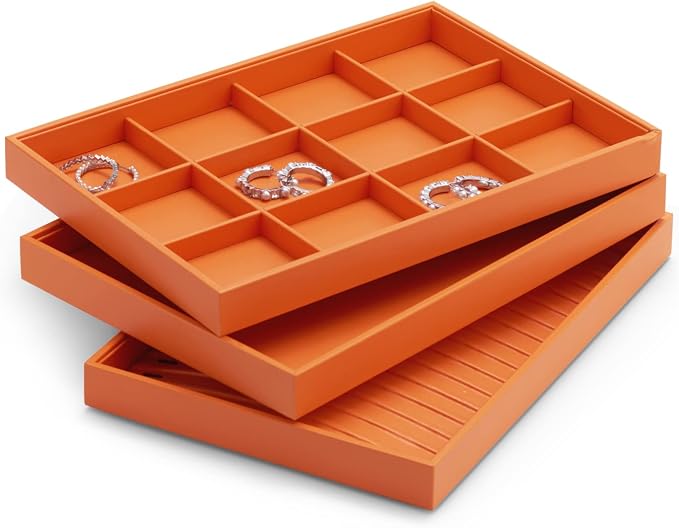 Oirlv Luxury Orange Leather Jewelry Tray Stackable Flat Jewelry Drawer