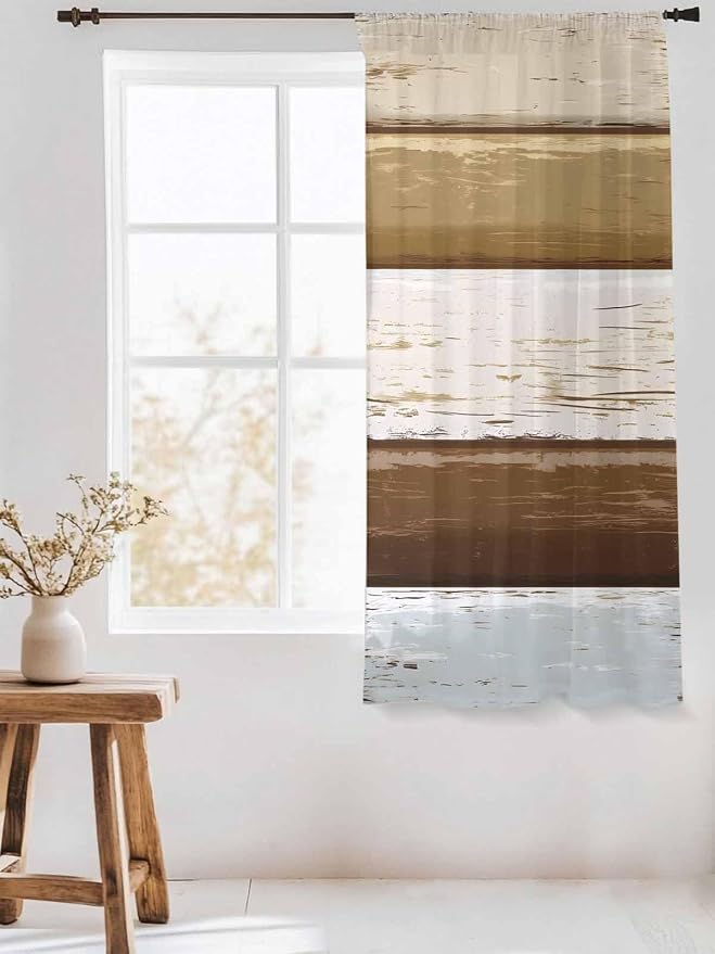 Sheer Curtains 72 Inches Long, Wood Grain Brown Semi Sheer Curtains Light